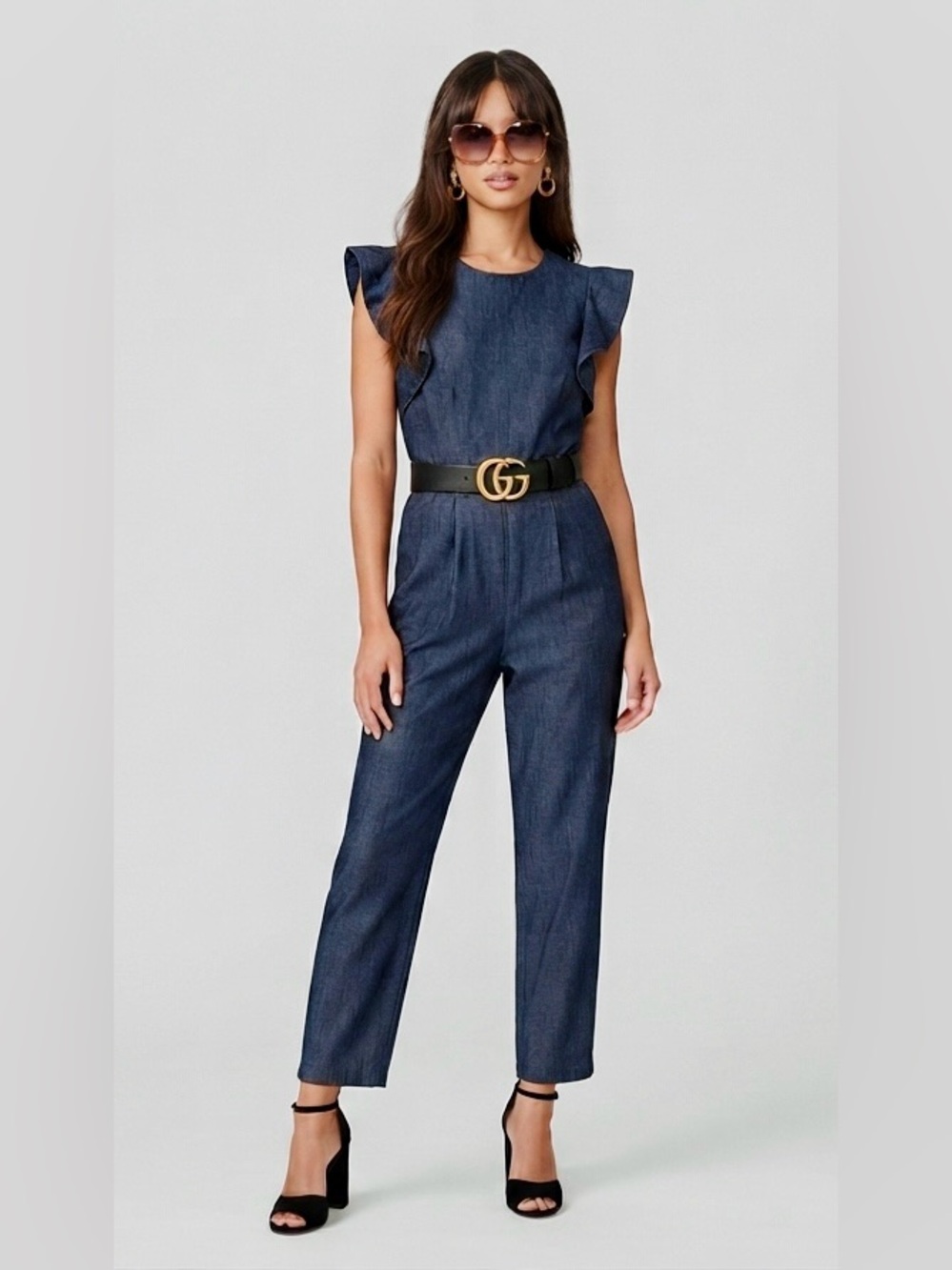 Calvin Klein Navy Ruffle Sleeve Wide Leg Jumpsuit Sz 8 - Picture 3 of 9